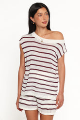 Janie Knitted Short Set - White Plum Stripe