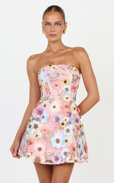 Strapless 3D Floral Fit And Flare Dress in Multi